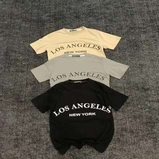 تیشرت پنبه اکونومی مردانه طرح LOS ANGLES - عمده-مشکی-کرم-طوسی