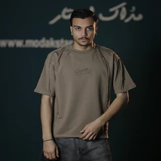 تیشرت دو نخ  گلدوزی و کثیف دوزی مردانه - عمده-خاکی
