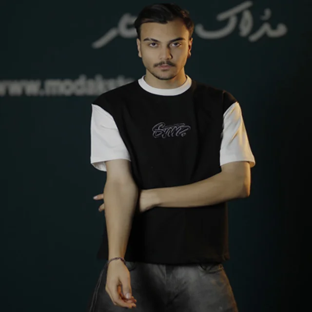 تیشرت دو نخ گلدوزی و تیکه دوزی شده مردانه - عمده-مشکی