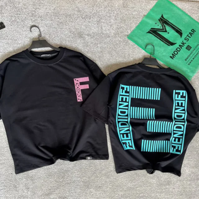 تیشرت پنبه اکونومی مردانه طرح FENDI -عمده-مشکی با سبز